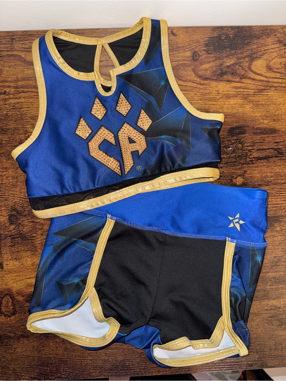 CHEER ATHLETICS Blue and Gold Kids Cheer Set - CA Paw Logo Crop Top & Shorts